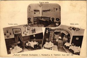 Budapest I. Tabán, Kakuk étterem belső, Magyar, Vörös és Vadász szoba. Kereszt utca 6. (fl)