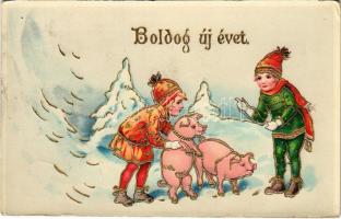 1929 Boldog új évet! gyerekek malacokkal / New Year greeting, children with pigs. HWB Ser. 1263. golden decorated, litho (EK)