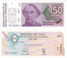 Argentína DN (1988-1989) 50A + Argentína / Salta 1987. 1A helyi bankjegy T:UNC,AU Argentina ND (1988-1989) 50 Australes + Argentina / Salta 1987. 1 Austral local banknote C:UNC,AU