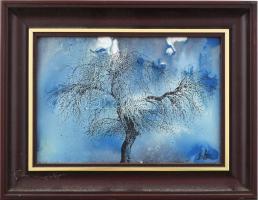 Gubán György (1951-): Magányos fa. Tűzzománc, jelzett, fakeretben, 20x14 cm