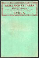 cca 1910-1930 Weisz Mór és Társa Rt. Első Gyulai Konyak- és Likőrgyár karton reklámtábla, kissé kopott, néhány lyukkal, 30,5x20,5 cm