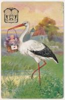 1910 Konrád János órás reklámlapja, újszülöttet hozó gólyával. Kiadó: Első óragyár Brüxben Konrád János cs. és kis. udv. száll. / Hungarian clock shop advertisement, stork with newborn baby (EK)
