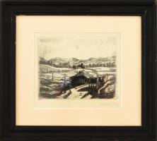 Kmetty János (1889-1975): Táj. Rézkarc, papír, jelzett, üvegezett fakeretben, 9×11 cm