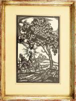 Divéky József (1887-1951): Menekülés Egyiptomba, fametszet, papír, jelzett a dúcon, 18×12 cm, üvegezett fakeretben,