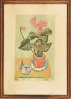 Rác András (1926-2013): Csendélet. Színes linómetszet, papír, jelzett, üvegezett keretben 35x21 cm