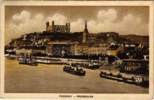 1914 Pozsony, Pressburg, Bratislava; vár, gőzhajó, rakpart, uszályok, városi uszoda / castle, steamship, quay, barges