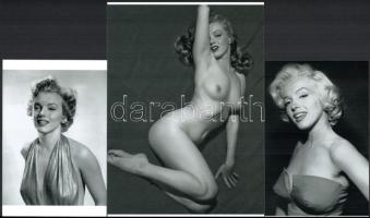 cca 1968 előtti felvételek Marilyn Monroe-ról, 3 db modern nagyítás, jelzés nélkül Pánczél György (1920-?) filmtörténész hagyatékából (film- és színházifotó gyűjteményéből), 21x15 cm és 15x10 cm
