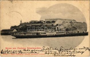 1901 Újvidék, Novi Sad; Pétervárad vár, "IMRE" gőzhajó. Verlag J. Singer Hoffotograf / Grad Petrovaradin / Festung Peterwardein / castle, fortress, steamship (fl)