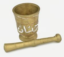 Keleti bronz mozsár, ón és réz berakásokkal, m: 8,5 cm, törő h: 15 cm