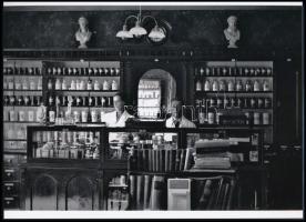 cca 1934 Gyógyszertár és gyógyszerészek Tass településen, Lőcsei Árpád (?-?) kecskeméti vándorfényképész hagyatékából 1 db modern nagyítás, jelzés nélkül, 15x21 cm