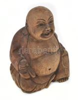 Nevető Buddha. Faragott fa, kis kopással, m: 14,5 cm