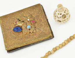 3 darab antik tárgy: aranyozott sminkes doboz, nyaklánc, függő