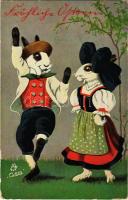 1912 Fröhliche Ostern / Húsvéti üdvözlet táncoló nyuszikkal / Easter greeting with dancings rabbits. Raphael Tuck & Sons Oilette Serie "Tanzende Hasen" No. 512. (fl)