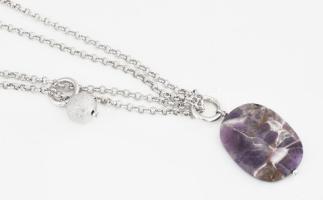 Kétsoros bizsu nyaklánc, nagy ovális ametiszt medállal + 4 db függővel, h: kb. 44 cm