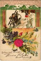 1907 Boldog Új évet! Dombornyomott üdvözlet hóemberrel és kéményseprővel / New Year greeting, snowmand and chimney sweeper. Embossed litho silk card (EK)