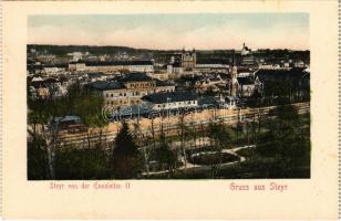 Steyr, von der Ennsleiten / general view, railway station, from postcard booklet