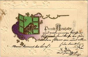 1904 Prosit Neujahr / Boldog Új évet! Dombornyomott malacos üdvözlet / New Year greeting, embossed pig (EK)