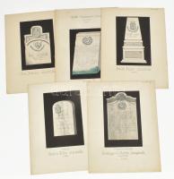 cca 1900 5 db régi síremlékről készült századfordulós rajz, kartonon 25x34 cm Tus, papír,