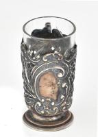Antik, gazdagon díszített ezüst (Ag) mini pohártartó, hozzá való csiszolt üvegbetéttel. Jelzett, net...