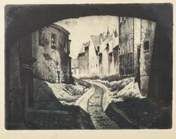 Hertay Mária (1932-2018): Sopron, Ikvahíd. Rézkarc, papír, jelzett, üvegezett fakeretben, lapszéli kisebb folttal, 30×40 cm