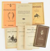 Vegyes lósporttal kapcsolatos könyvgyűjtemény, 7 db:   [Wolstein, Johann Gottlieb]: A lovaknak csitkó koroktól fogva, vén korokig való tartások módja. [A lovak tartása.] Székesfehérvár, 1992, Lapu Bt. 1781-es kiadás reprint kiadása. Kiadói papírkötés.;   Báró Wesselényi Miklós: A' régi híres ménesek egyike' megszűnésének okairól. Bp., 1985., Mezőgazdasági. Az 1829-es kiadás reprint kiadása. Kiadói kartonált papírkötés.;  Báró Wesselényi Miklós: Teendők a lótenyésztés körül Bp., 1985., Mezőgazdasági. Az 1847-es kiadás reprint kiadása. Kiadói kartonált papírkötés.;   Széchenyi Dénes: Adalékok a lovaglás tanításához. Bp., 1987., Agroinform. Az 1871-es Heckenast Gusztáv kiadás 1871-es kiadása. Kiadói kartonált papírkötés.;   Mócsy László - Mócsy János: Lótenyésztés. Gazdasági tanácsadó 12. szám. Székesfehérvár, 1998, Lapu Bt., 128 p. Az 1921-es reprint kiadása. Kiadói papírkötés.;   Lovaglás, hajtás és málhásállatvezetés. (L. H. M.) Bp., 1996, Helikon. Az 1937-es kiadás reprint kiadása. Kiadói papírkötés.;   Horváth Mihály: Patkolástan. Lovas szakkönyvtár. Székesfehérvár, 1993, Lapu Bt. Az 1937-es reprint kiadása. Kiadói papírkötés. ;
