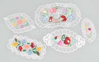 Kalocsai Richelieu csipke tétel, 5 db hímzett alátét / terítő, 19x10 cm és 38x22 cm között