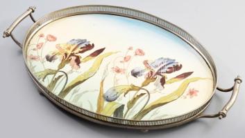 Max Dannhorn Iris art nouveau szervírozótálca, cca 1910, fajansz tálcabetéttel, fém szerelékkel, jelzett, kis kopással, 42x26,5 cm