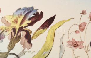 Max Dannhorn Iris art nouveau szervírozótálca, cca 1910, fajansz tálcabetéttel, fém szerelékkel, jel...