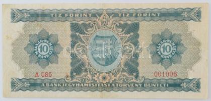 1946. 10Ft "A 085 001006" T:F szép, erős papír, apró foltok /
Hungary 1946. 10 Forint &qu...