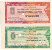 Budapest 1973. "Dresdner Bank" utazási csekkje 50M-ról és 100M-ról lyukasztva (2xklf) T:AU-VF Hungary / Budapest 1973. "Dresdner Bank" travellers cheque with the value of 50 Marks and 100 Marks, cancelled by holes (2xdiff) C:AU-VF