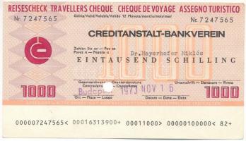 Ausztria / Bécs 1973. "Creditanstalt-Bankverein" utazási csekkje 1000Sch-ről, lyukasztással érvénytelenítve T:AU Austria / Vienna 1973. "Creditanstalt-Bankverein" travellers cheque with the value of 1000 Schilling, cancelled by holes C:AU