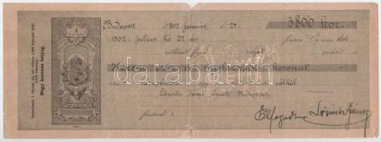 Budapest 1902. Kitöltött váltó 3800K-ról, vízjeles papíron T:F ragasztva