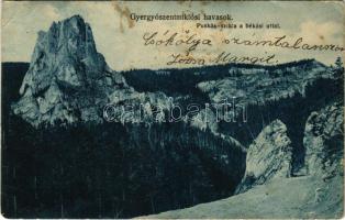 1915 Gyergyói-havasok, Muntii Giurgeu (Gyergyószentmiklós, Gheorgheni); Puskás-szikla (Oltárkő) a békási úttal. Burján és Székely kiadása / Piatra Altarului (EB)