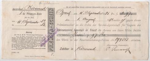 Körmend 1882. "Assicurazioni Generali in Triest" kitöltött, német nyelvű váltója, magyar felülbélyegzéssel T:F kis szakadás, folt