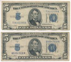 Amerikai Egyesült Államok 1949-1953. (1934D) 5$ "Silver Certificate - kisméretű" kék pecsét "Georgia Neese Clark, John Wesley Snyder" (2db) T:F,VG USA 1949-1953. (1934D) 5 Dollars "Silver Certificate - Small size" blue seal "Georgia Neese Clark, John Wesley Snyder" (2pcs) C:F,VG Krause P#414A