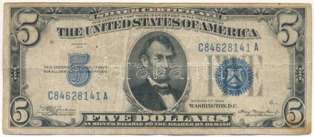 Amerikai Egyesült Államok 1934. 5$ "Silver Certificate - kisméretű" kék pecsét "William Alexander Julian, Henry Morgenthau" T:F,VG folt USA 1934. 5 Dollars "Silver Certificate - Small size" blue seal "William Alexander Julian, Henry Morgenthau" (2pcs) C:F,VG spotted Krause P#414A