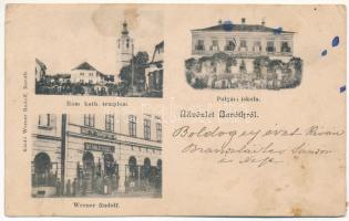 1901 Barót, Baraolt; Római katolikus templom, Polgári iskola, takarékpénztár, piac, Werner Rudolf üzlete és saját kiadása / church, school, savings bank, shop, market (fl