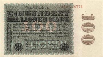 Német Birodalom / Weimari Köztársaság 1923. 100.000.000M (2x) céges nyomat "Kreuzblüten" vízjellel, hátoldali fázercsíkkal, egymás utáni sorszámokkal T:I