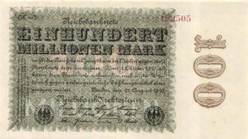 Német Birodalom / Weimari Köztársaság 1923. 100.000.000M (2x) céges nyomat "Sterne mit einem S darin" vízjellel, egymás utáni sorszámokkal T:I