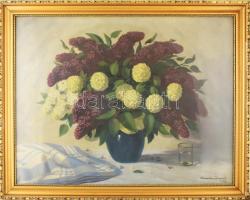 Háromházi Ferger Ferenc (1908-1983): Csendélet. Olaj, vászon, jelzett. Dekoratív, üvegezett, kissé sérült fakeretben, 70×90 cm. KIZÁRÓLAG SZEMÉLYES ÁTVÉTEL, NEM POSTÁZZUK! / ONLY PERSONAL COLLECTION AT OUR OFFICE!