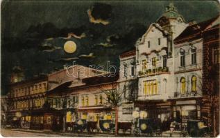 Arad, Lloyd épület este, Pannónia szálloda, Purjes üzlete / palace at night, hotel, shops (EK)