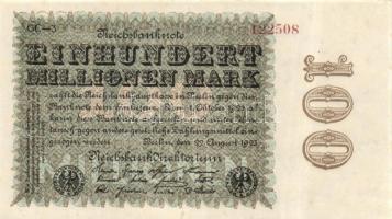 Német Birodalom / Weimari Köztársaság 1923. 100.000.000M céges nyomat "Sterne mit einem S darin" vízjellel, alsó ívszélen zöld festékcsíkkal T:I