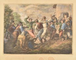 Vydai Brenner Nándor (1903-?): Verbunkos. Színezett rézkarc, papír, jelzett, lap szélén, képet nem érő foltokkal , 39x30 cm