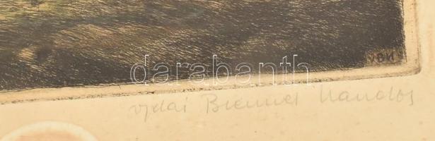 Vydai Brenner Nándor (1903-?): Verbunkos. Színezett rézkarc, papír, jelzett, lap szélén, képet nem é...