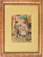 Olvashatatlan jelzéssel: Piaci jelenet. Dekoratív, kissé sérült, üvegezett fakeretben. 25,5×18 cm