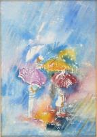 Csák Máté (1938-2017): Színes esernyők. Akvarell, papír, jelezve jobbra lent. Üvegezett fakeretben, ...