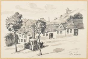 Szégner József (-): Tabán, Kereszt tér. Tus, papír, jelzett. Üvegezett fakeretben. 19x27,5 cm