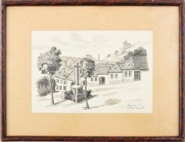 Szégner József (-): Tabán, Kereszt tér. Tus, papír, jelzett. Üvegezett fakeretben. 19x27,5 cm