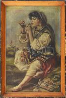 Jelzés nélkül, Vastagh György után: Pipára gyújtó cigánylány. Olaj, falemez. Fakeretben. 34,5x22,5 cm