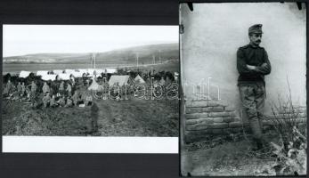 cca 1902 Kerny István (1879-1963) budapesti fotóművész hagyatékából 2 db modern nagyítás (önképe katona korából és egy tábori kép, ahol csak az árnyéka látható középen), jelzés nélkül, 21x15 cm és 15x21 cm
